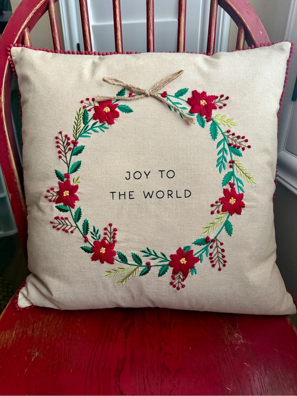 Christmas Embroidered Wreath Pillow 18x18 inches